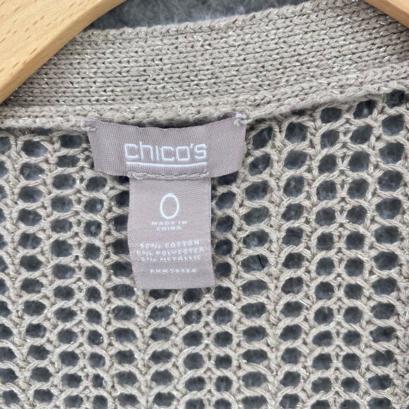 Chicos Sweater Womens 0 US Small Beige Shimmer Open Knit Cardigan 3/4 Sleeves - Picture 5 of 11